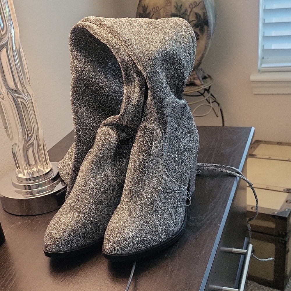 Women’s Gray Over The Knee Metallic Stretch Fabric Boots